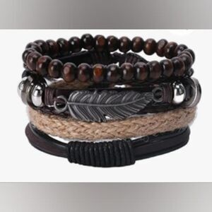 Men's leather bracelets set stacked layered beaded feather braided brown new e29